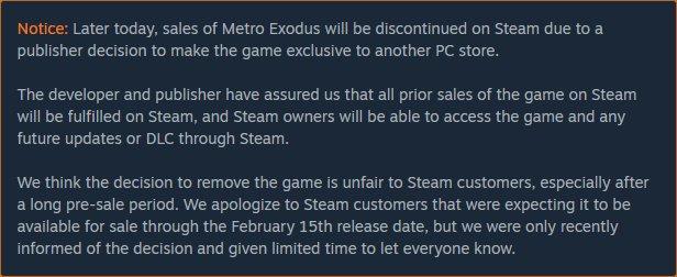 Steam Metro Exodus Notice