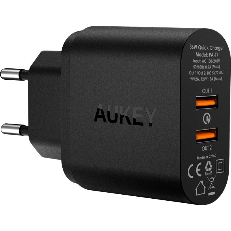 aukey usb wall charger 2 port eu plug 36w with qualcomm quick charge 2.0 and aipower pa t7 black 77