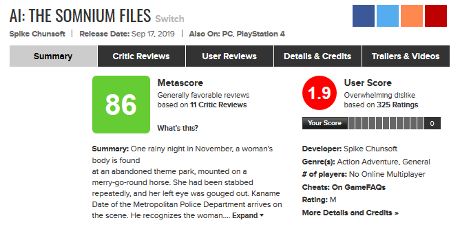 2020 02 21 01 25 03 AI The Somnium Files for Switch Reviews Metacritic
