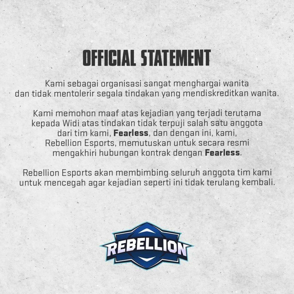 Pernyataan dari Rebellion Esports Selaku Tim yang Menaungi Pro Player Mobile Legends ini, Berujung Putus Kontrak
