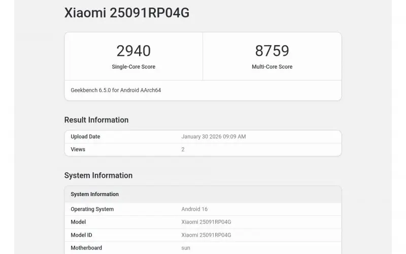 Tabel Geekbench Xiaomi Pad 8 Pro 2026
