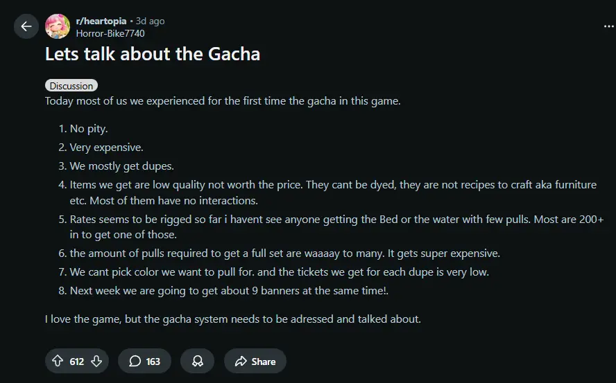 Pemain Keluhkan Sistem Gacha Heartopia